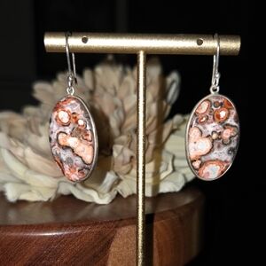 925 Solid Sterling Silver Leopard Skin Jasper Dangle Earrings NEW